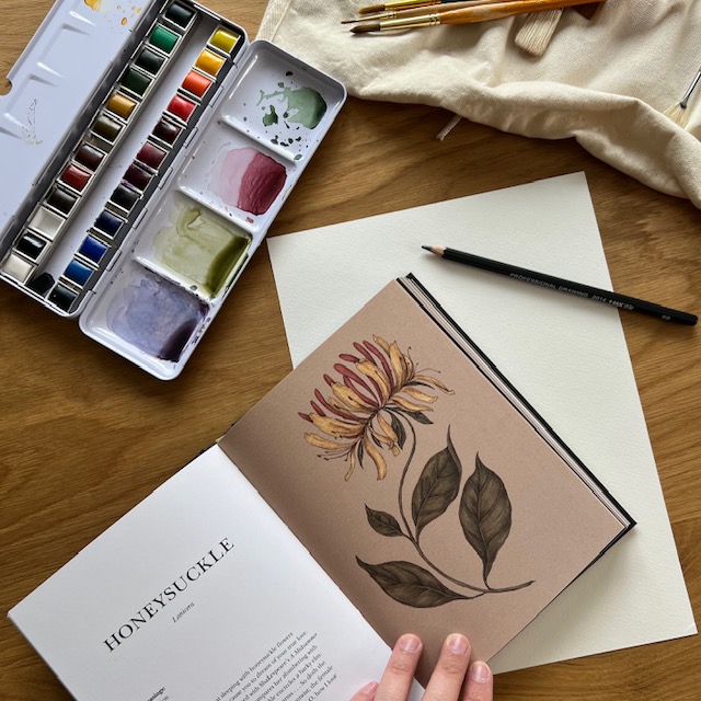 Honeysuckle in June blog post, sharing inspiration for the painting, photo shows my material set up with paper, pencils, paint brushes and watercolour paints